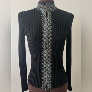 Ribbed zip up long sleeve sweater scallop hem mock neck beaded embellishments *